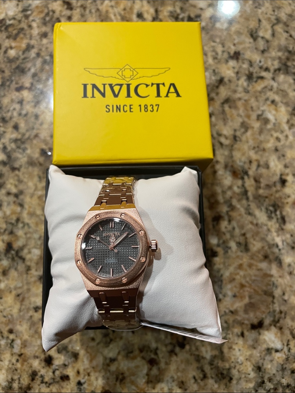 Invicta Rose Gold Bracelet Watch with Black Textured Dial
